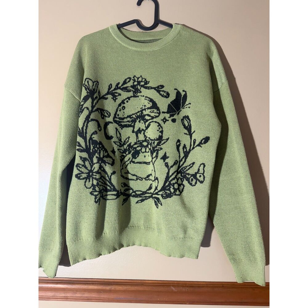 Olive Green Mushroom Frog Graphic Knit Sweater Women's Size L New